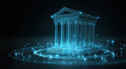 Digital temple, glowing lines, dark background