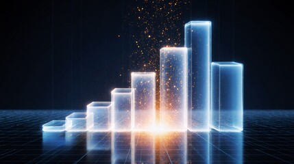 Digital glowing bar chart showing business growth and data analysis in a futuristic setting