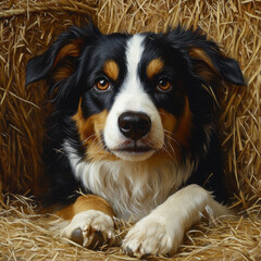 Fototapeta premium Dog laying on hay pile.