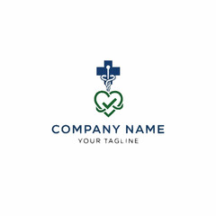 Medical logo featuring a cross, caduceus, heart, and checkmark, representing healthcare and wellness.