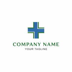 Obraz premium Medical logo with a blue cross and green outline, company name and tagline.