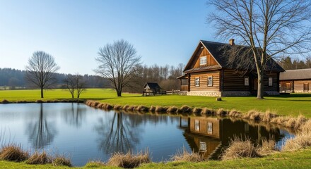 Rustic wooden house by a tranquil pond, sunny day