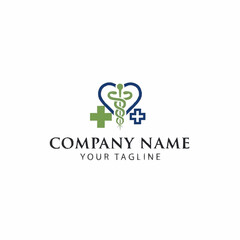 Healthcare logo template featuring a heart, Rod of Asclepius, and two medical crosses, symbolizing care and medicine.