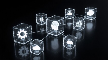 Artificial intelligence network connecting data, cloud computing, and system processes.