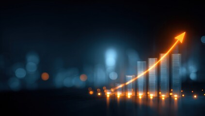 Abstract graphic of a rising graph against a night cityscape