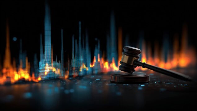 Gavel on a dark surface with glowing data visualizations