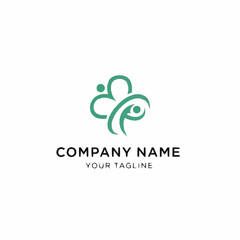 Abstract medical logo with people and plus sign in green color.