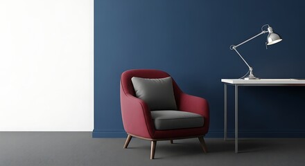 Elegant Red Armchair and Desk with Lamp Against Blue and White Wall, Modern Interior.