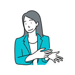説明する女性ビジネスパーソンのベクターイラスト｜プレゼンテーションや案内をする姿をシンプルに描いた白背景の人物素材