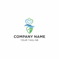A modern medical logo featuring a shield with a heart, a cross, and a heartbeat line, symbolizing health and protection.