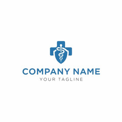 Healthcare and protection logo concept with a blue cross, shield, and medical snake emblem.