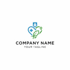 A modern logo design featuring a heart shape combined with a medical cross and a green leaf, symbolizing health, nature, and care, with placeholder text for company name and tagline.