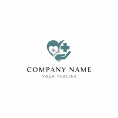 Medical logo design featuring a heart, hand, and plus sign.