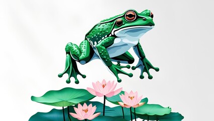 Green frog with detailed texture leaping playfully over large pond lilies adorned with soft pink blossoms.