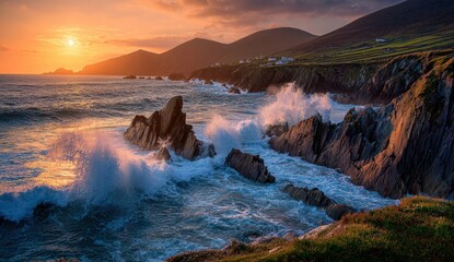 Dramatic sunset over rocky coastline