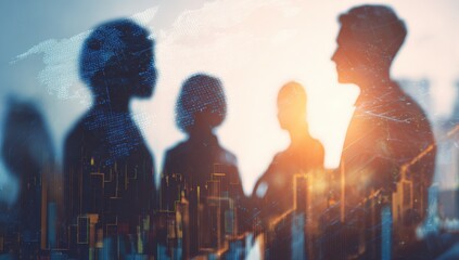 Blurred silhouettes of people in a city, overlaid with data visualizations