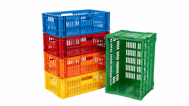 Colorful plastic crates stackable storage containers for fruit vegetable transport and organization needs on transparent background