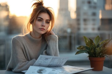 Obraz premium A young woman with red hair sits on a rooftop at sunset, thoughtfully reviewing documents.