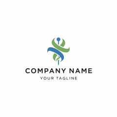 A modern abstract logo featuring a stylized caduceus symbol in green and blue, representing health and medicine, with placeholder text for company name and tagline.