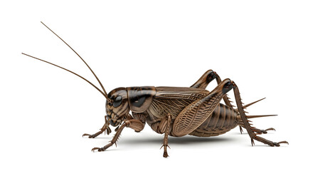 Close-up profile view of a brown cricket.