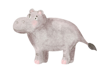 Simple hippo drawing in child style watercolor illustration isolated on white. African safari cute animal for baby nursery decor. Pastel adorable children hand drawn character