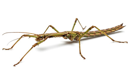 Close-up shot of a stick insect, showcasing its camouflage and slender body structure.