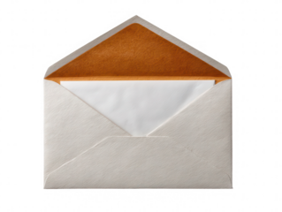 Grey envelope with textured surface containing blank white paper and brown inner flap