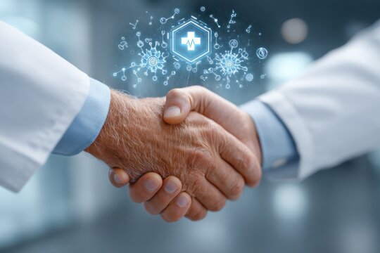 Two medical professionals in lab coats shaking hands, with a digital healthcare graphic overlay - Powered by Adobe