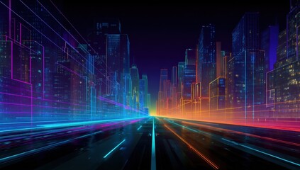 Naklejka premium Futuristic city street at night with vibrant neon lines