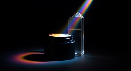 Mockup of light beam refracting through a prism, creating a rainbow spectrum on a dark background for commercial usage