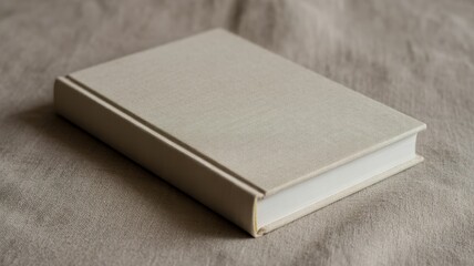 Fototapeta premium A closed, hardcover book with a plain, off-white cover resting on a neutral-toned fabric.