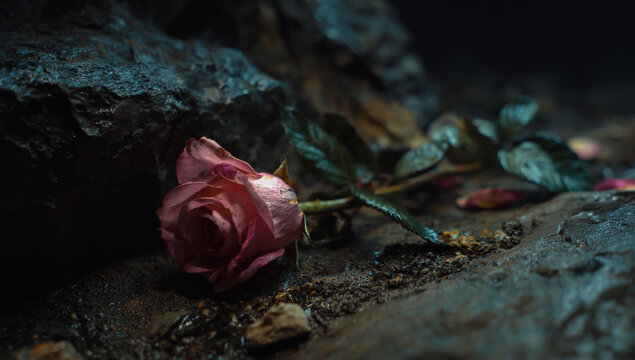 A single wilting red rose lies on a dark textured surface with fallen leaves