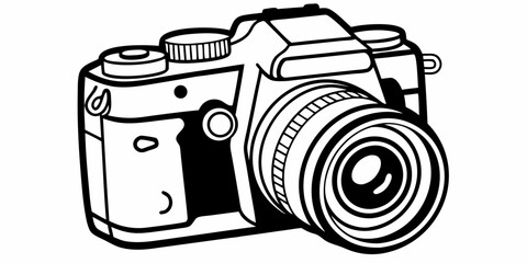 Illustration of a vintage camera with a large lens and multiple dials in black and white style