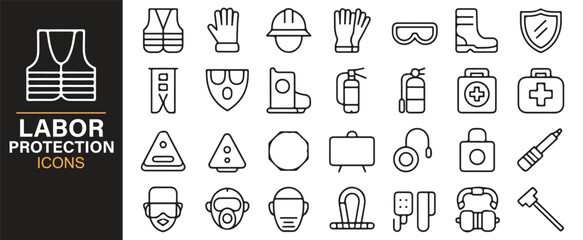 Workplace safety and protection vector icons set for industrial labor and construction sites