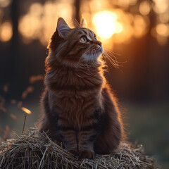 Cat sitting on hay in the sun.