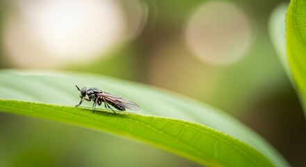 Naklejka premium Intricate fly rests on vibrant green leaf, showcasing nature's delicate beauty in soft focus