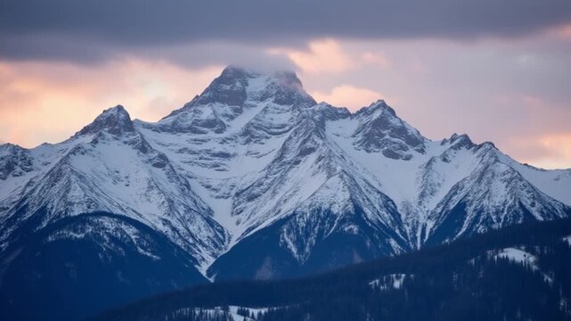 Majestic snow capped mountains under a dramatic sky at dusk in winter
