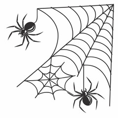 Flat lay of 5 spiders and webs: hanging spider, crawling spider, corner web, full web, double spider, arranged with spacing, with white background
