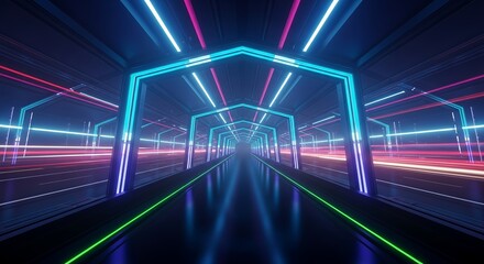 Futuristic neon tunnel with light trails creates dynamic motion and modern tech vibes for digital projects