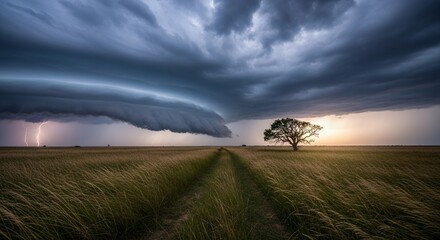 Fototapeta premium Dramatic lightning strike illuminates approaching supercell storm over vast prairie landscape