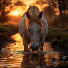 Horse drinking from stream at sunset.
