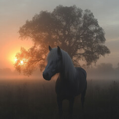 A horse stands in fog at sunset.