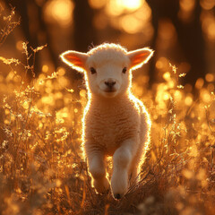 Lamb in grass at sunset.