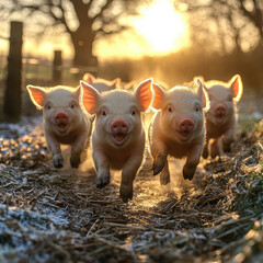 little pigs running through hay.