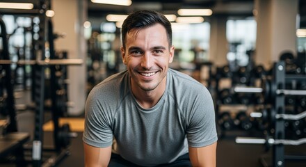 Fototapeta premium Confident man with a genuine smile, radiating health and fitness in a modern gym setting.