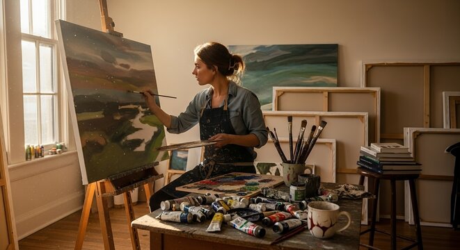 Dedicated artist creating a landscape masterpiece in her sunlit studio with vibrant paints and brushes