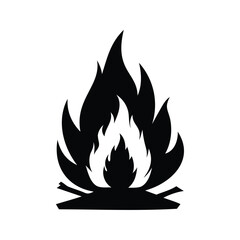 A striking black and white illustration of a roaring campfire ablaze, outdoors, fireplace flame icon silhouette vector illustration