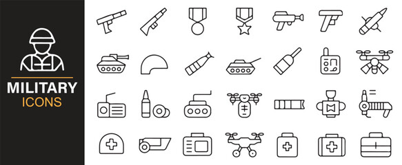 War and combat vector icons pack featuring artillery, aviation, marine, and soldier gear