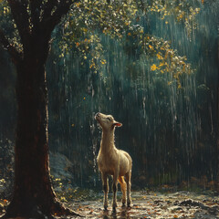 Standing sheep in the rain in a painting.