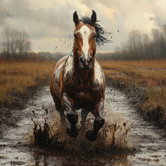 Horse running through puddle in field.